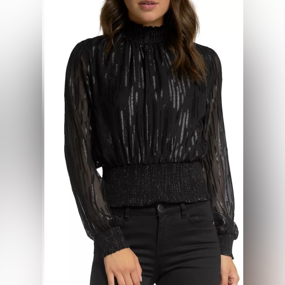 Elan Black Shimmer Stripe Mock Neck Smocked Long Sleeve Blouse. Size Large Nwt